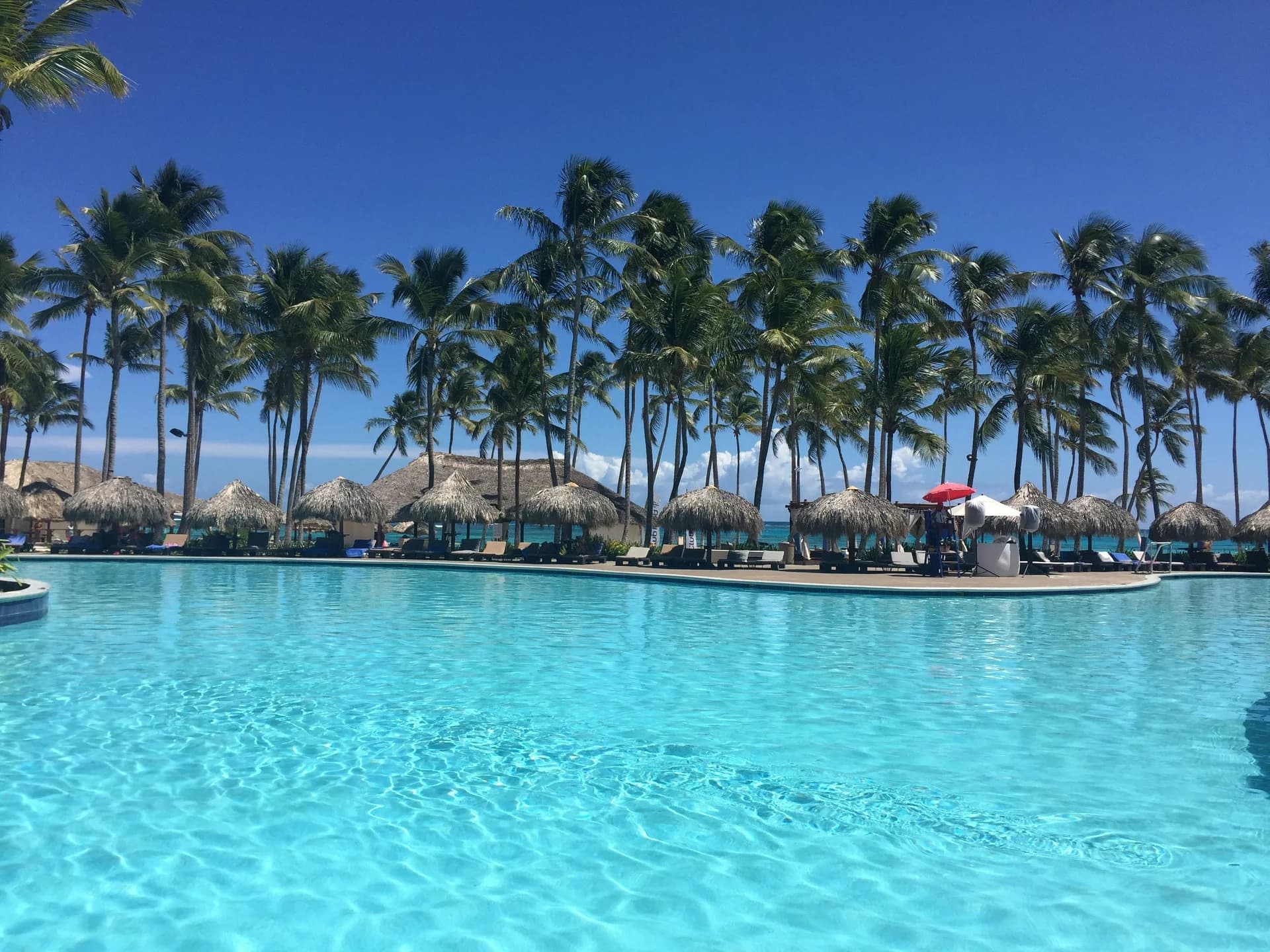 Grande piscina con ombrelloni di paglia e alte palme in un resort della Repubblica Dominicana